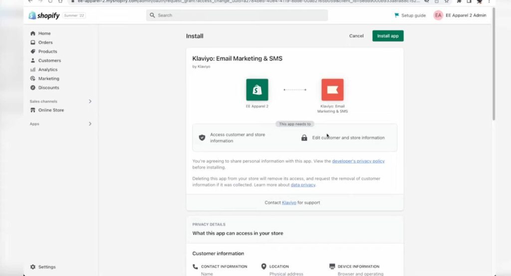 Installing Klaviyo app on Shopify
