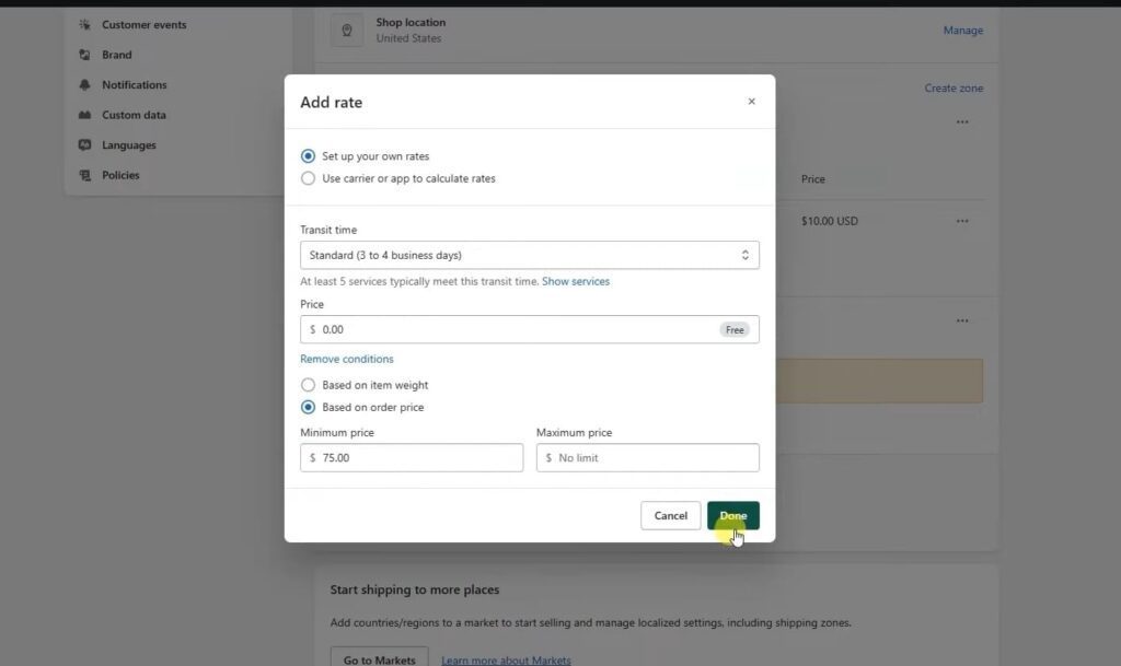 Adding shipping rates in Shopify