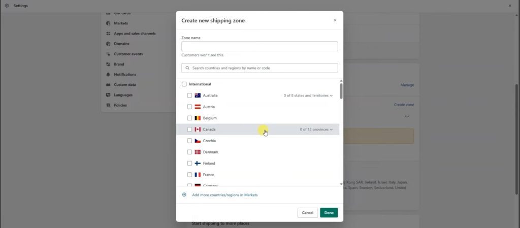 Shipping zones in Shopify